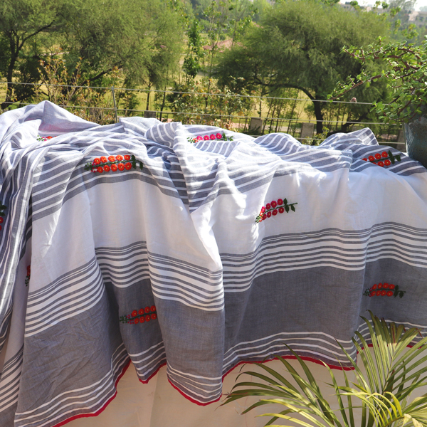 Kirgiti's Grey White Stripped Hand Embroidered Cotton Saree - image 3